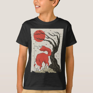 日本のスタイル絵画のキツネ、木、太陽 Tシャツ