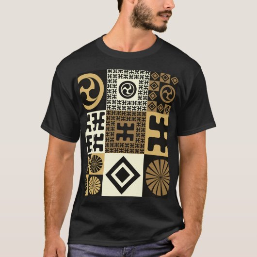 日本のスタイル、黒い金ゴールドのシームレスなパターン。 Tシャツ (正面)