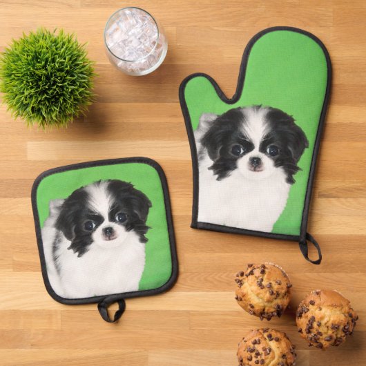 日本のチンパピーの絵を描オリジナルペットドッグアート 鍋つかみ&鍋敷きセット (トップダウン)