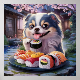 日本のチン犬の子犬食べ物の寿司 ポスター