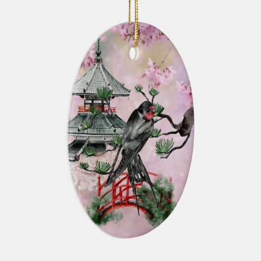 日本のツバメ、寺、花のクリスマス セラミックオーナメント (右)