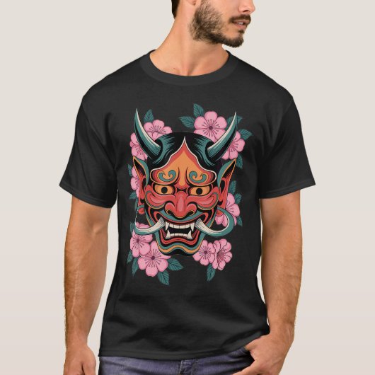 日本のデーモン桜妖怪悪魔般若 Tシャツ (正面)