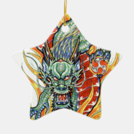 日本のドラゴンと蓮の花 セラミックオーナメント