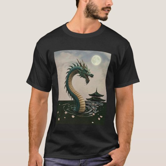 日本のドラゴン 桜の花 満月 ファンタジーA Tシャツ (正面)
