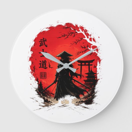 日本のビンテージ風武士道サムライ・レッドムーン ラージ壁時計 (正面)