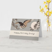 日本のフクロウの夜の木の切り飛んでいるの夜 カード (黄色い花)