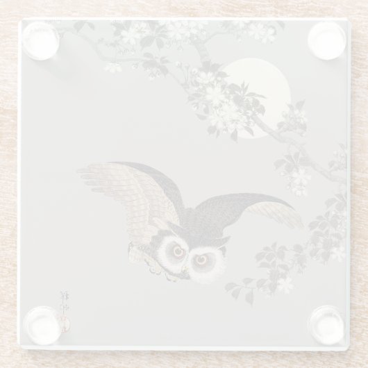 日本のフクロウの夜の木の切り飛んでいるの夜 ガラスコースター (裏面)