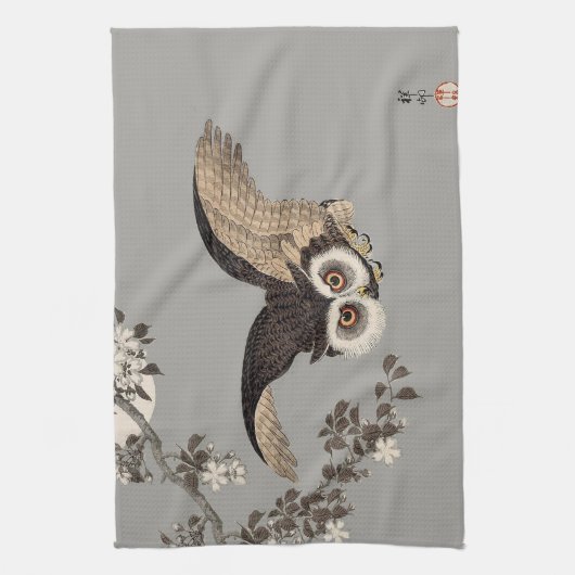 日本のフクロウの夜の木の切り飛んでいるの夜 キッチンタオル (縦)