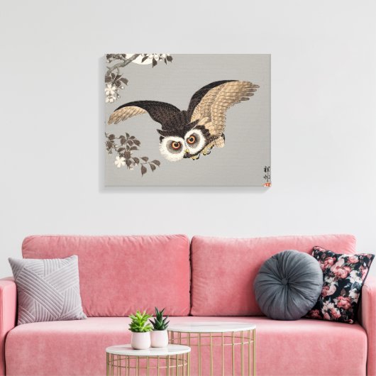 日本のフクロウの夜の木の切り飛んでいるの夜 キャンバスプリント (インサイチュ (リビング))