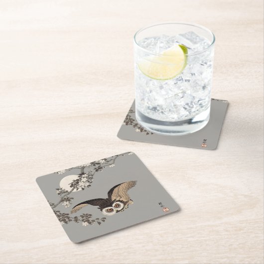 日本のフクロウの夜の木の切り飛んでいるの夜 スクエアペーパーコースター (インサイチュ)
