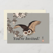 日本のフクロウの夜の木の切り飛んでいるの夜 招待状 (正面/裏面)