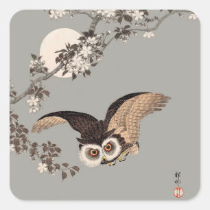 日本のフクロウの夜 月 木版画 飛ぶ夜 スクエアシール
