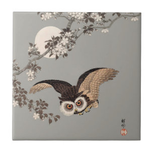 日本のフクロウの夜 月 木版画 飛ぶ夜 タイル
