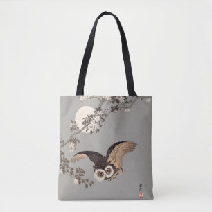 日本のフクロウの夜 月 木版画 飛ぶ夜 トートバッグ