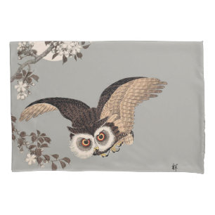 日本のフクロウの夜 月 木版画 飛ぶ夜 枕カバー