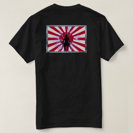 日本のフレーム旗と昇る太陽のサムライ武士 Tシャツ (デザイン裏面)