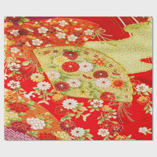 日本のフローラさくらんぼブロッサム赤金ゴールドデカップージ ラッピングペーパー (フラット)