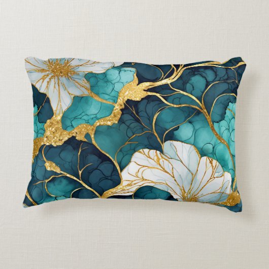 日本のフローラティール(緑がかった色)金ゴールド アクセントクッション (裏面)