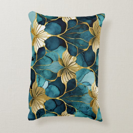 日本のフローラティール（緑がかった色）金ゴールド アクセントクッション (裏面(縦))