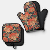 日本のフローラ系列の赤 鍋つかみ&鍋敷きセット (正面/裏面)