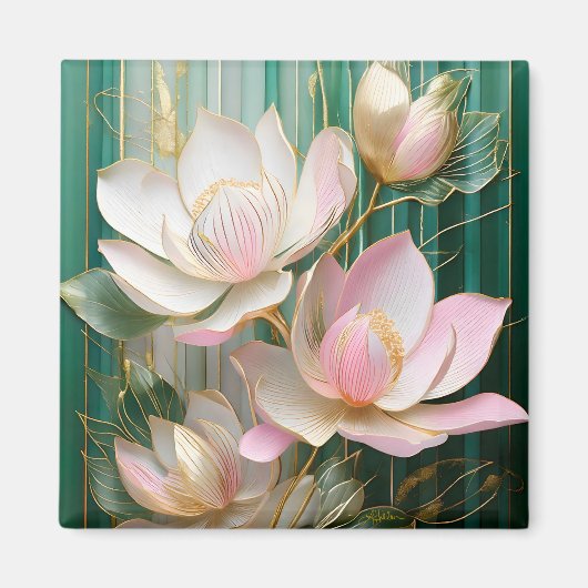 日本のモクレンアートの花咲く壁紙 マグネット (正面)