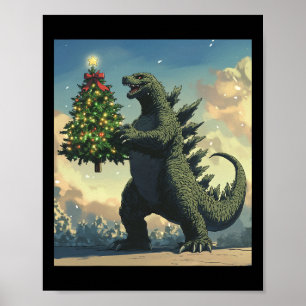 日本のモンスター怪獣がクリスマスツリーを持っている ポスター