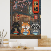 日本のラーメン 猫 犬 アライグマ アニマル アート 麺類 ポスター (キッチン)