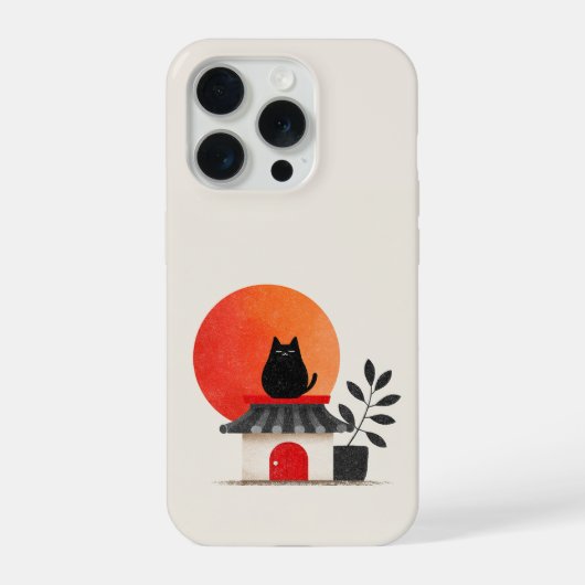 日本のレトロな夕日 黒猫の屋根裏 iPhoneケース (裏面)