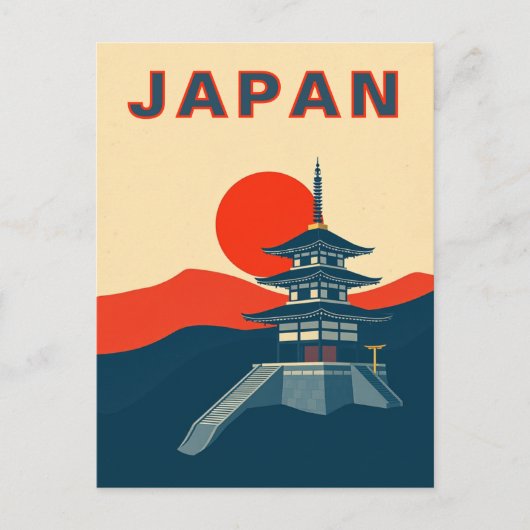 日本のレトロな旅行アート 仏塔 寺院 ポストカード (正面)