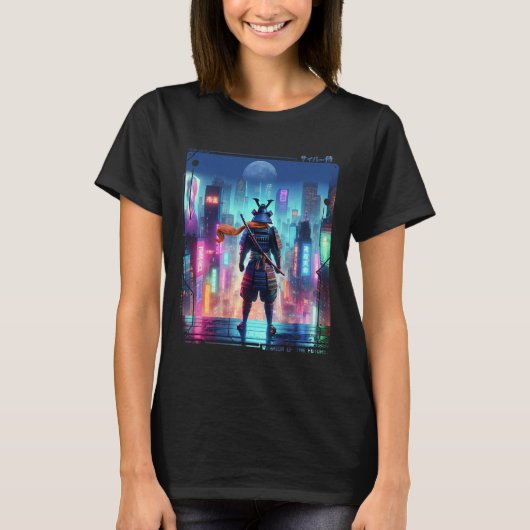日本のレトロサイバー風ニンジャサムライ電柱 Tシャツ (正面)