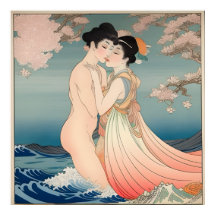 日本のヴィンテージアート，シルク絵を描紙，恋人