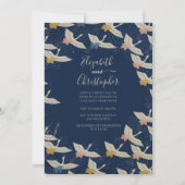 日本のヴィンテージクレーンブルーエレガントな結婚式 招待状 (正面)