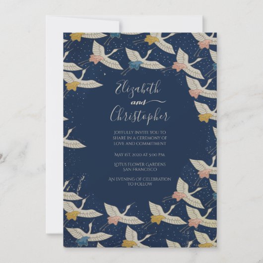 日本のヴィンテージクレーンブルーエレガントな結婚式 招待状 (正面)