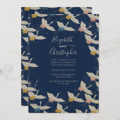 日本のヴィンテージクレーンブルーエレガントな結婚式 招待状 (正面/裏面)