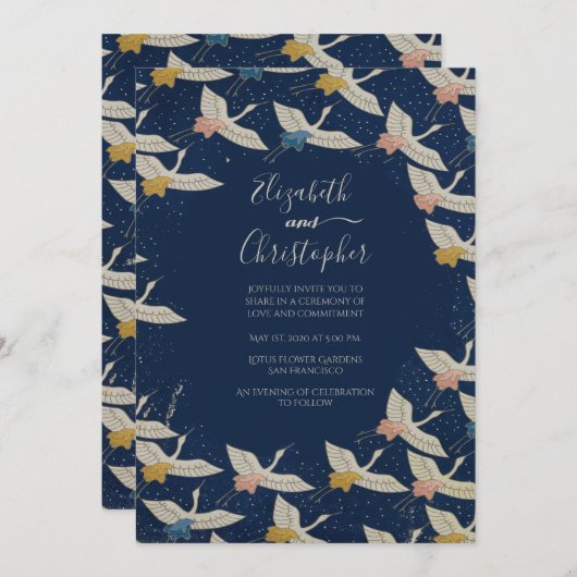 日本のヴィンテージクレーンブルーエレガントな結婚式 招待状 (正面/裏面)