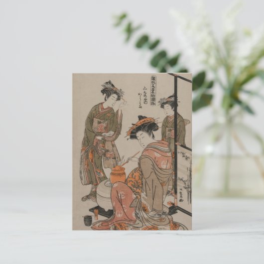 日本のヴィンテージ木版画アートプリント 茶道 ポストカード (スタンド正面)