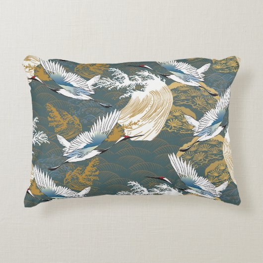 日本のヴィンテージ鶴の鳥模様 アクセントクッション (正面)