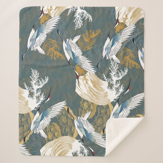 日本のヴィンテージ鶴の鳥模様 シェルパブランケット (正面)
