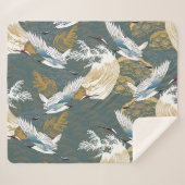 日本のヴィンテージ鶴の鳥模様 シェルパブランケット (正面(横))