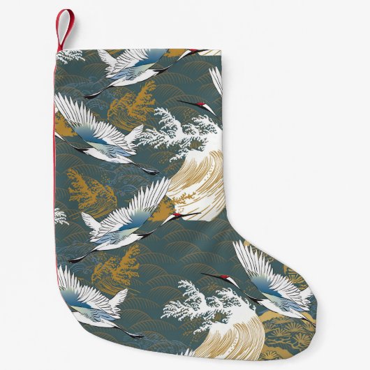 日本のヴィンテージ鶴の鳥模様 スモールクリスマスストッキング (正面)