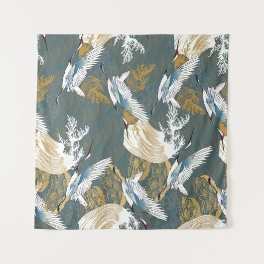 日本のヴィンテージ鶴の鳥模様 タペストリー (正面(横))