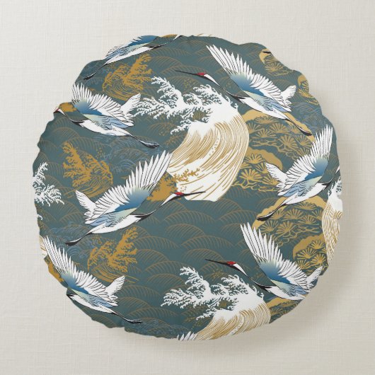 日本のヴィンテージ鶴の鳥模様 ラウンドクッション (正面)
