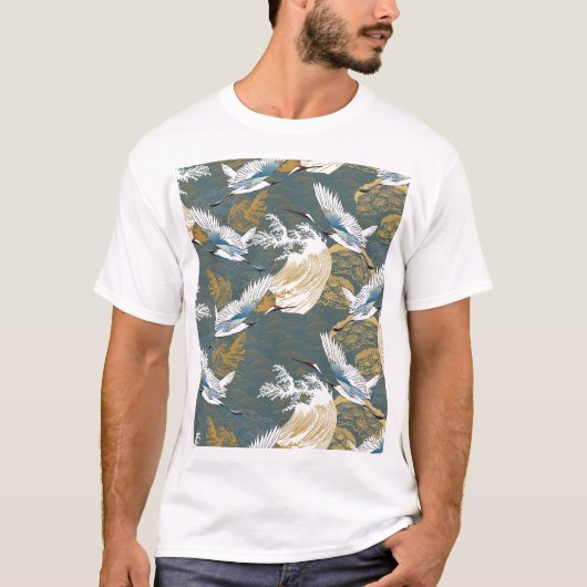日本のヴィンテージ鶴の鳥模様 Tシャツ (正面)