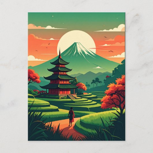 日本の五重塔と富士山のヴィンテージ ポストカード (正面)