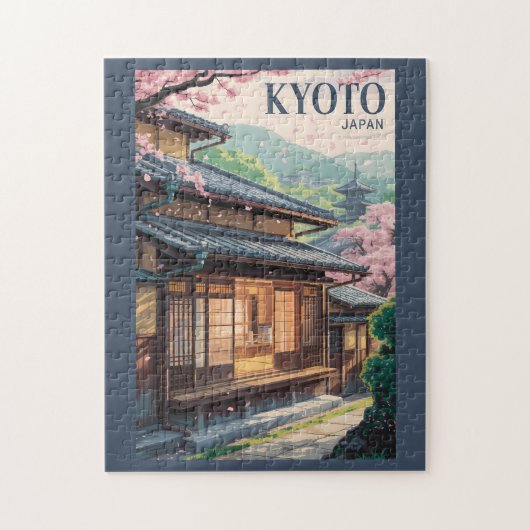 日本の京都の家イラスト 旅行アート ヴィンテージ ジグソーパズル (縦)