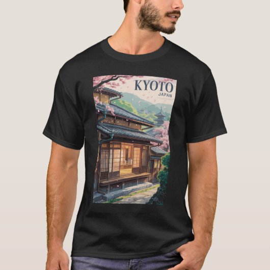 日本の京都の家イラスト 旅行アート ヴィンテージ Tシャツ (正面)