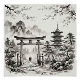 日本の京都 水墨画の風景 ポスター