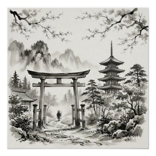 日本の京都 水墨画の風景 ポスター (正面)