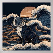 日本の伝統的なヴィンテージデザインを使用したアート作品 躍動感のある波と犬 ポスター (正面)