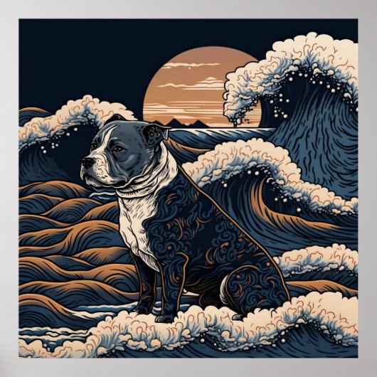 日本の伝統的なヴィンテージデザインを使用したアート作品　躍動感のある波と犬 ポスター (正面)